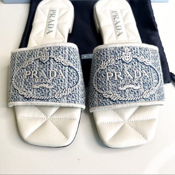 Prada Logo Bicolor Jacquard Slide Sandals - Picture 3 of 5